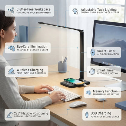 5 Lighting Mode LED Desk Lamp + Wireless Phone Charger