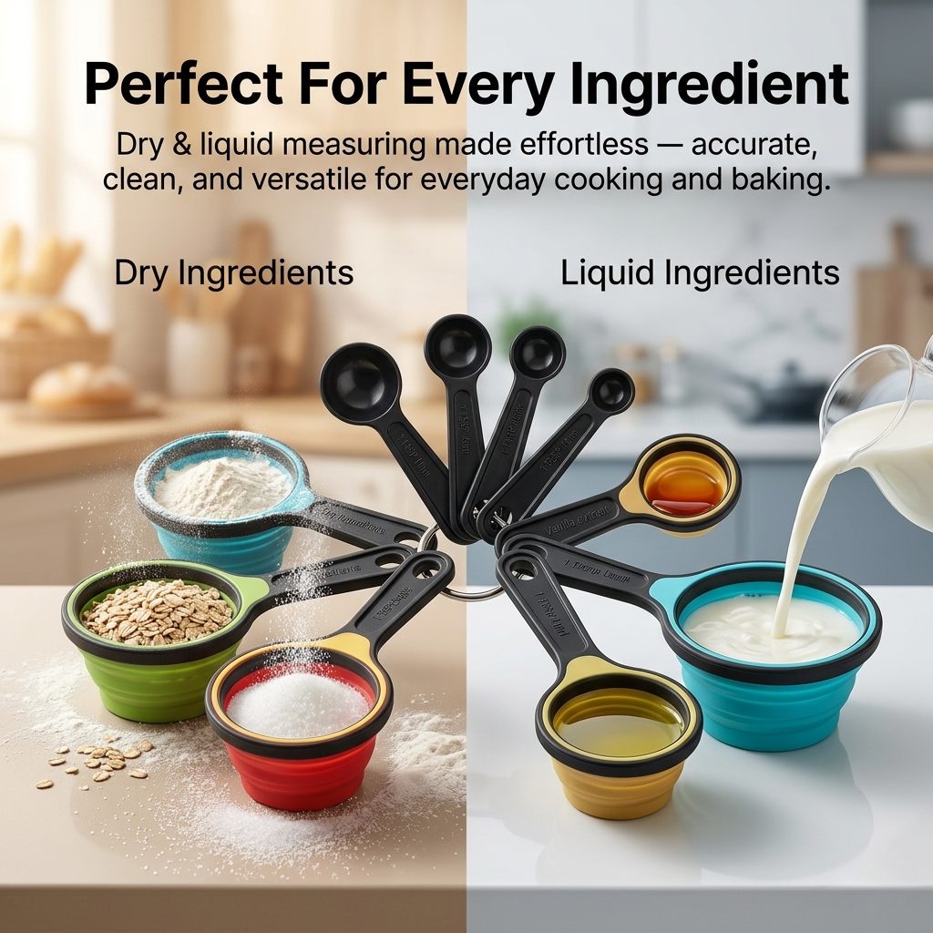 VUFVOID 8pcs Collapsible Silicone Measuring Cups and Spoons Set Adjustable Measuring Cup Camper Kitchen Accessories Measure Cups and Spoons Set