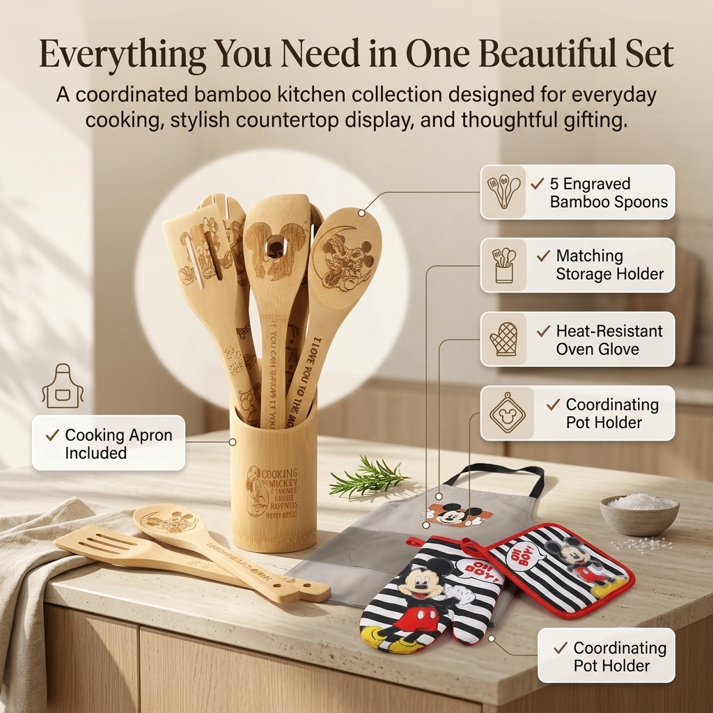 Wooden Spoon for Cooking Cartoon Wooden Spoons Bamboo Utensils Set Kitchen Decoration- Birthday Gift Kitchen Accessories with Cute Apron Oven Mitt Potholder- Mouse Kitchen Gifts for Women Friends 9PCS