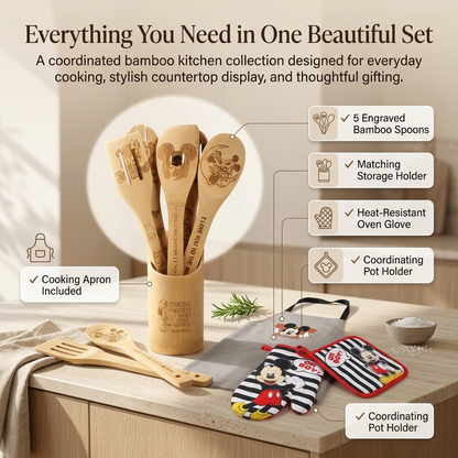 Wooden Spoon for Cooking Cartoon Wooden Spoons Bamboo Utensils Set Kitchen Decoration- Birthday Gift Kitchen Accessories with Cute Apron Oven Mitt Potholder- Mouse Kitchen Gifts for Women Friends 9PCS
