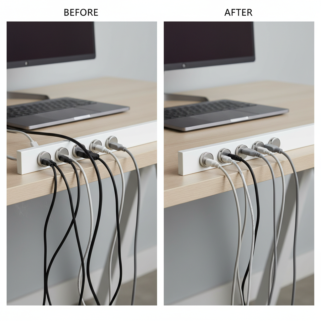 Before and after comparison showing cable organization